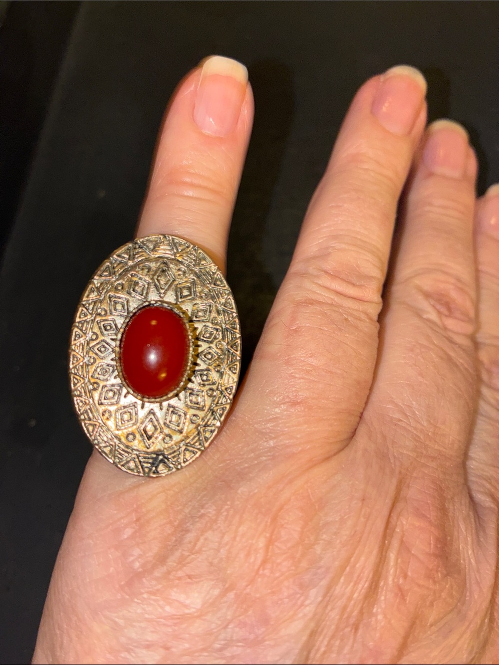 Vintage-Style Red Stone Oval Statement Ring. Adjustable Ring